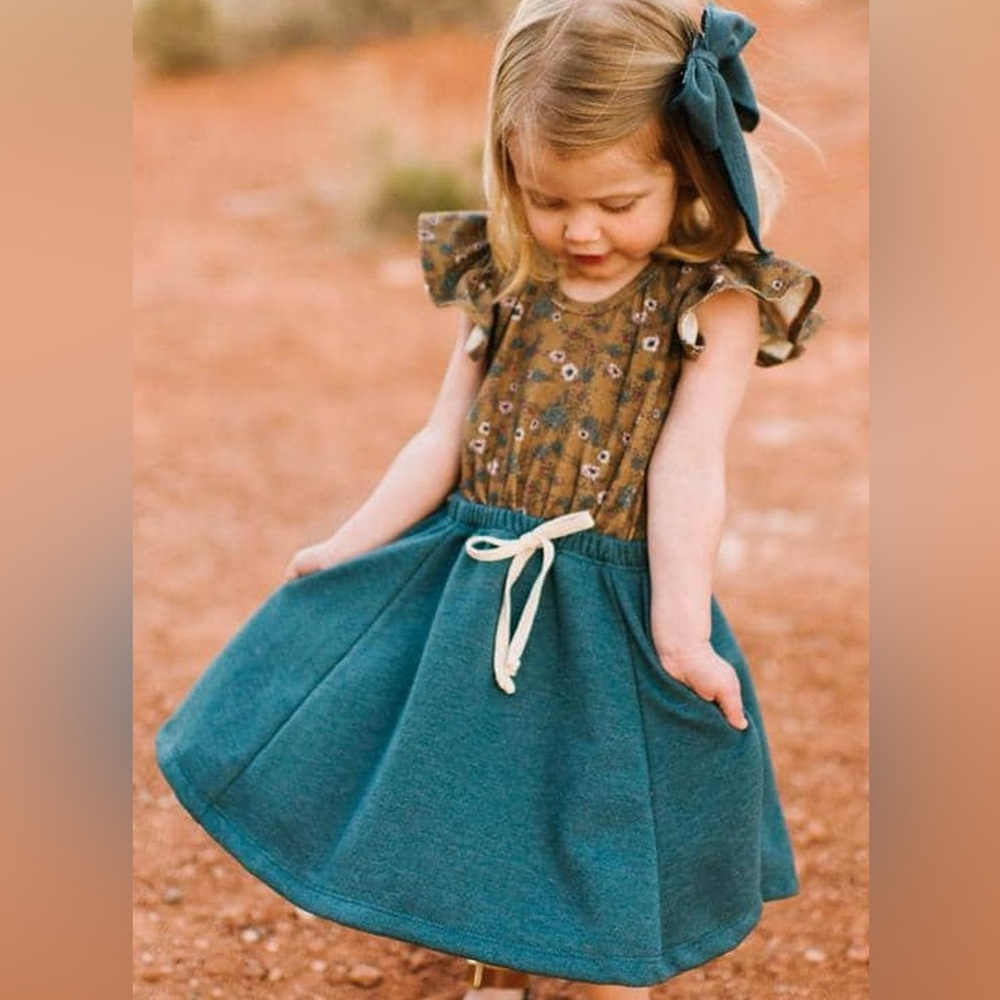 Lulu + Roo Desert Floral and Sapphire Short Flutter Sleeve Dress Little Road Co.